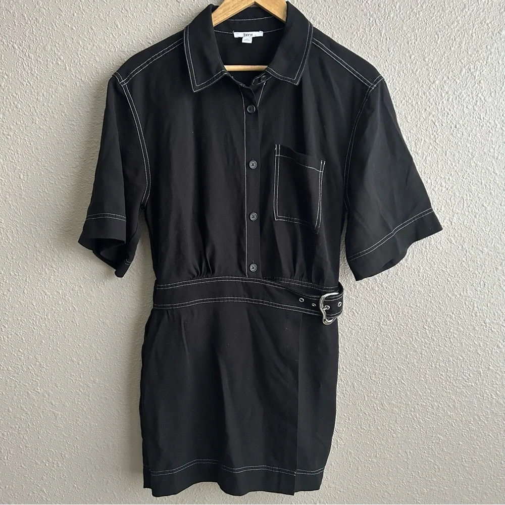 Bar III Black With White Seams Short Sleeve Belted Utility Button Up Romper‎